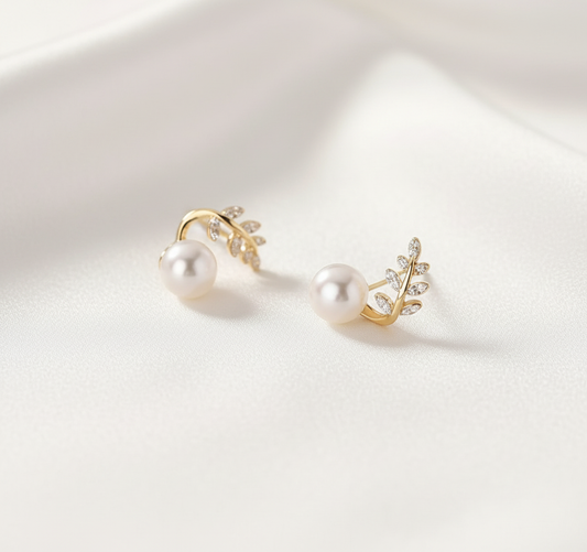 Pearl & Crystal Leaf Earrings - White Silk Background