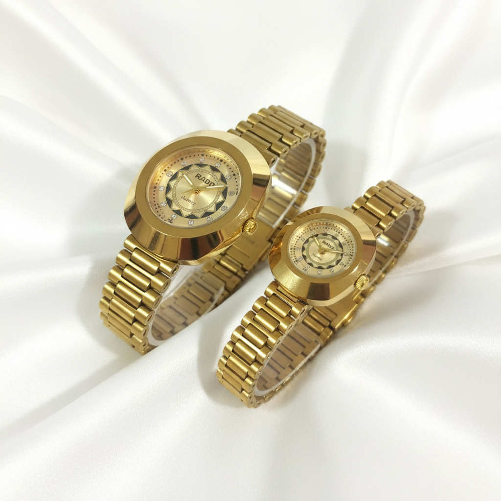 RADO Gold Watches on White Silk Background