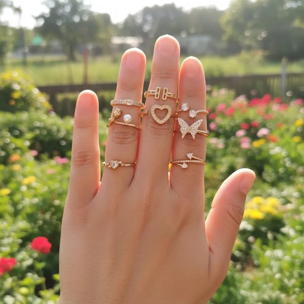 8 Pcs Funky Crystal Adjustable Rings Set New Style