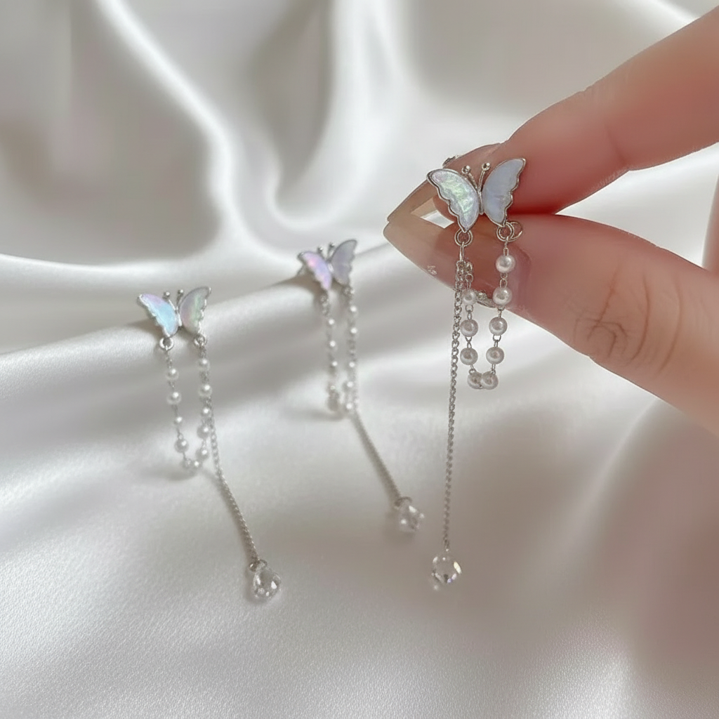 S925 Elegant Butterfly with Pearl Tassels Drop Earrings – Delicate, Feminine & Stylish Fashion Jewelry for Women & Girls golden