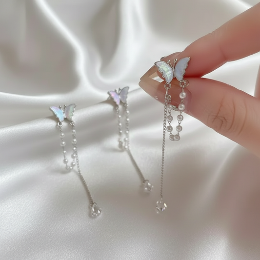S925 Elegant Butterfly with Pearl Tassels Drop Earrings – Delicate, Feminine & Stylish Fashion Jewelry for Women & Girls golden