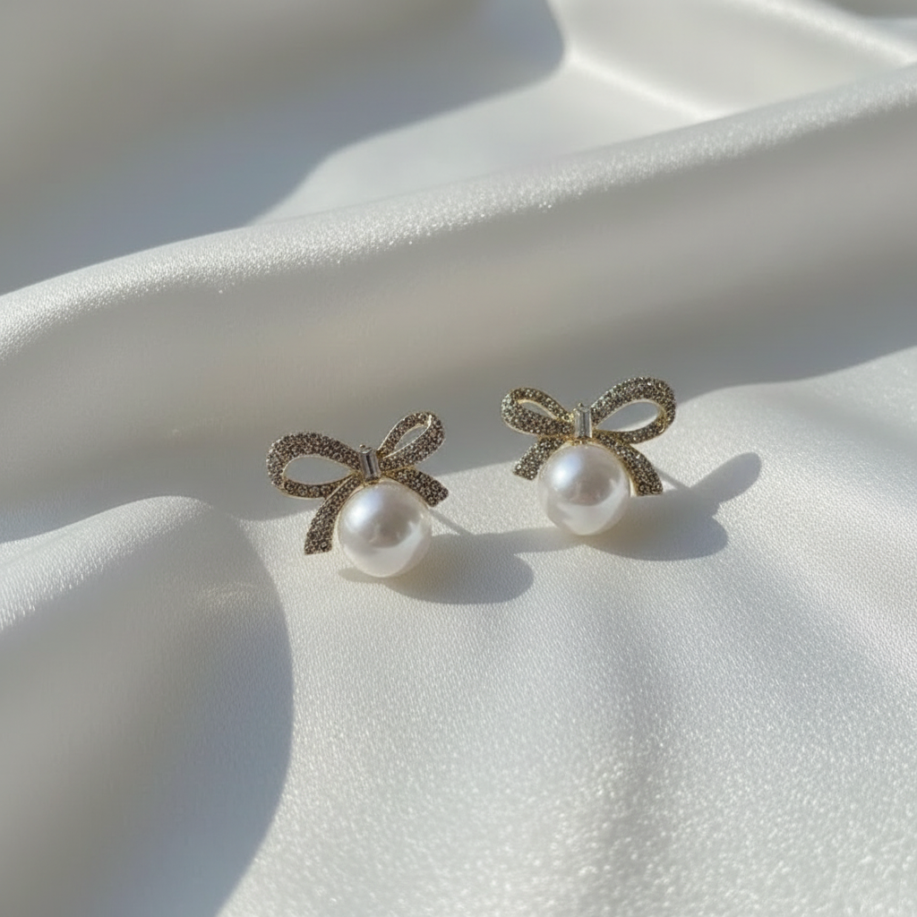 Pearl bow earrings on white silk