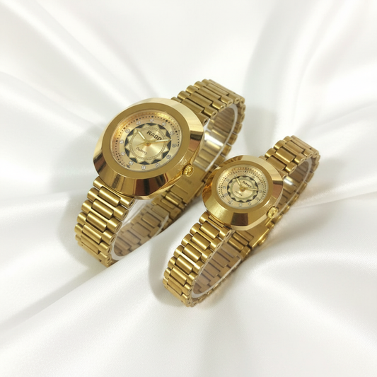 RADO Gold Watches on White Silk Background