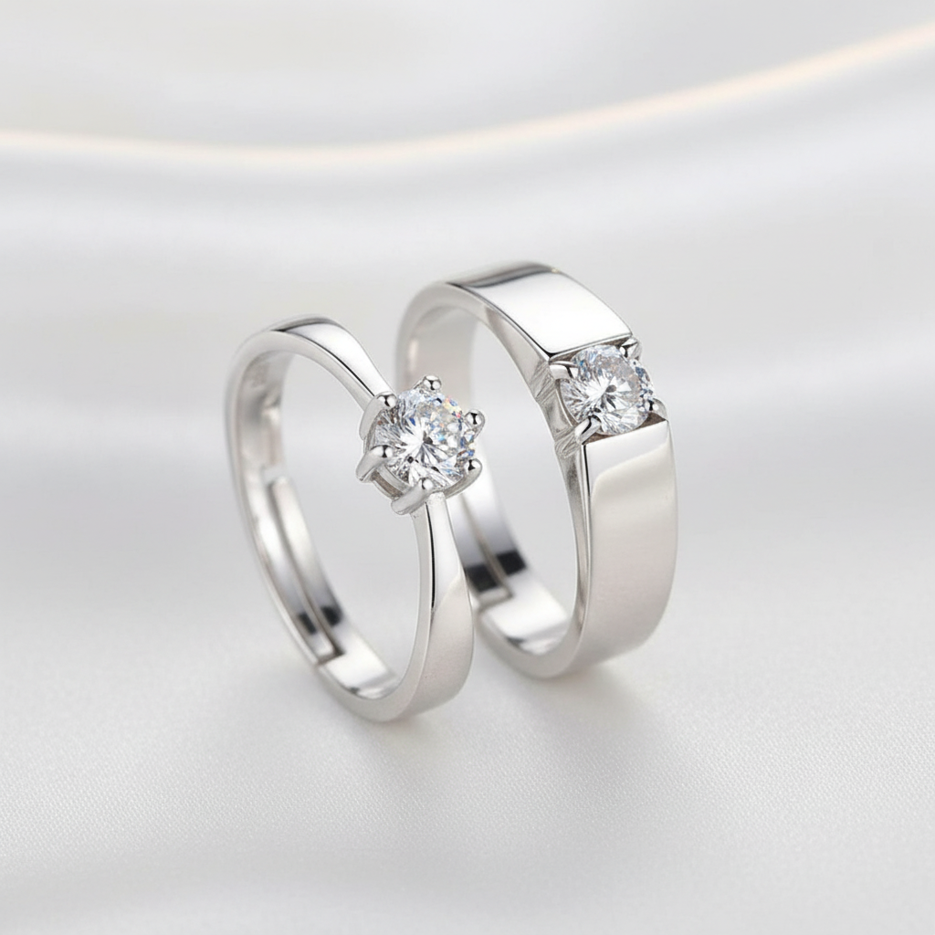 Solitaire Couple Rings Silk Background