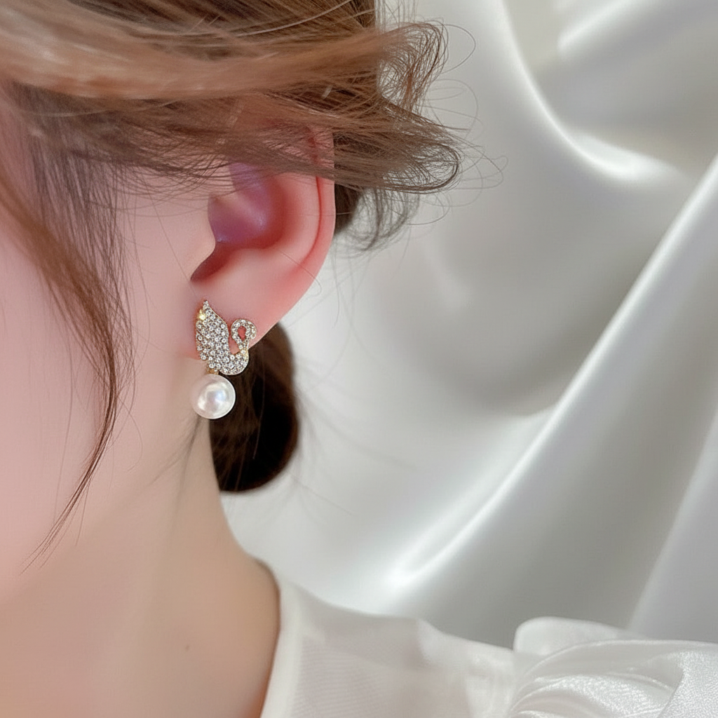 Swan Crystal Earrings - Worn View